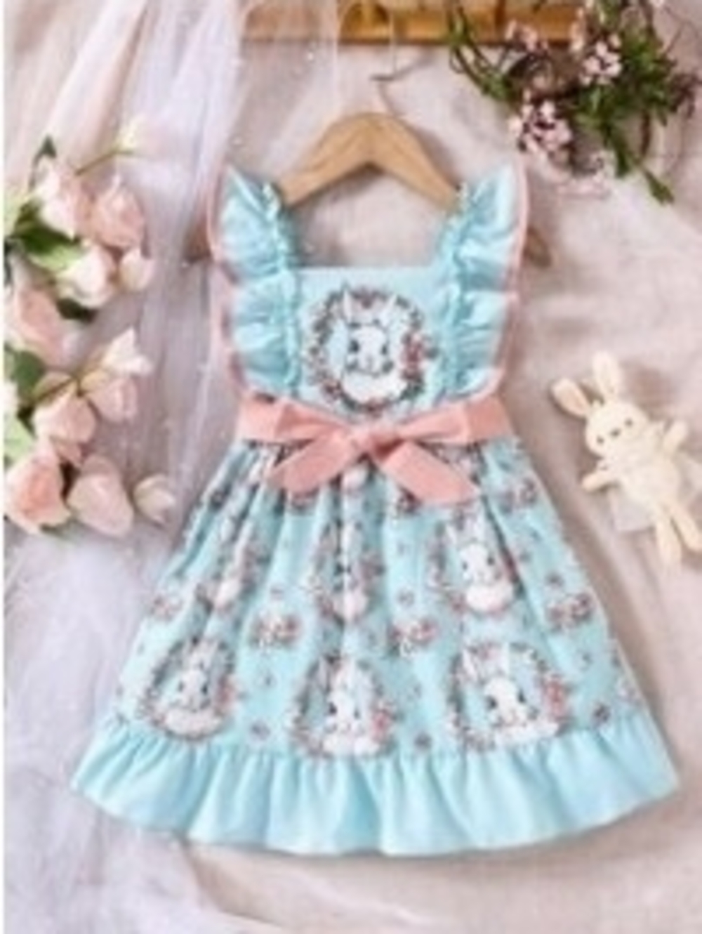 Girls Aqua Floral Bunny Ruffle Dress with Pink Bow